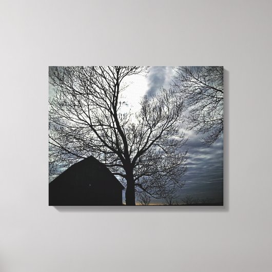 Barn w/Sky & Bare Trees Canvas zwart/wit foto (Voorkant)