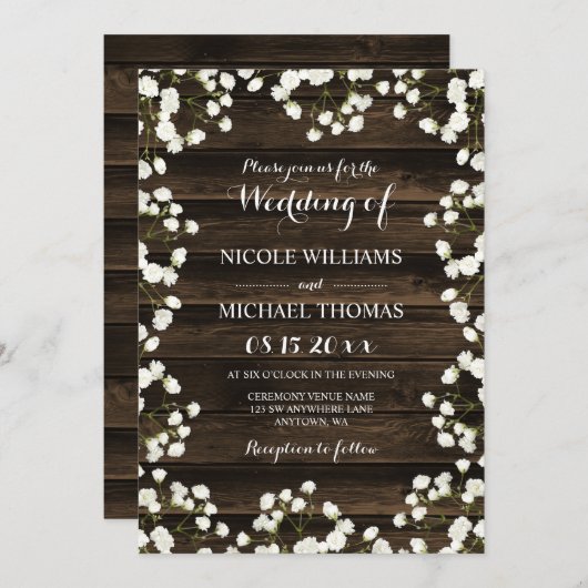 Barn Wood Baby's Breath Border Wedding Invitations Kaart (Voorkant / Achterkant)