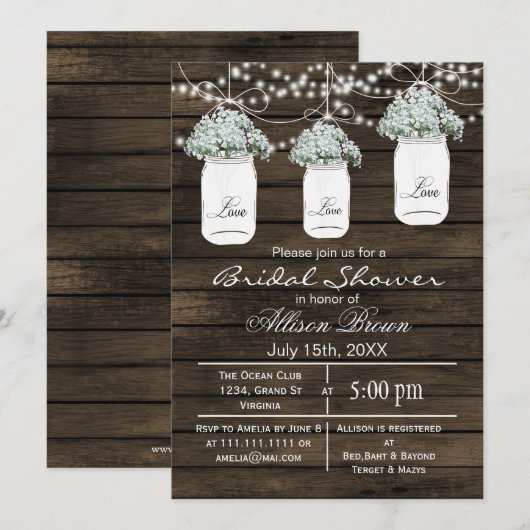 Barn wood babys Breath mason jarsbridal douche Kaart (Voorkant / Achterkant)