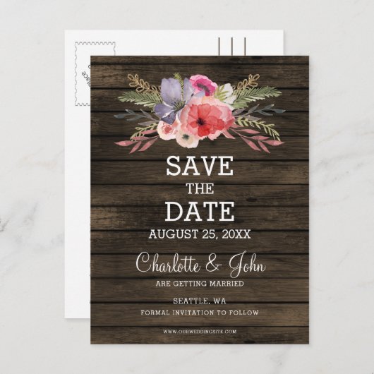 Barn Wood Bloemen Rustiek Land Save the Date Aankondigingskaart (Voorkant / Achterkant)