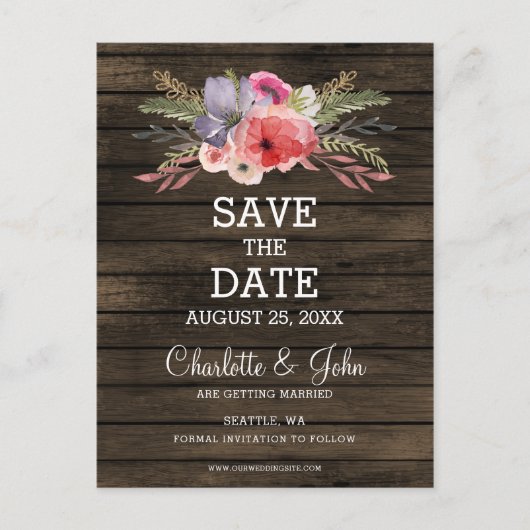Barn Wood Bloemen Rustiek Land Save the Date Aankondigingskaart (Voorkant)