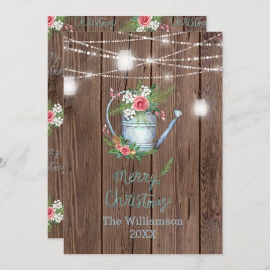 Barn Wood Brush Script Merry KerstFloral Feestdagenkaart (Voorkant / Achterkant)