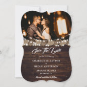 Barn Wood Burlap Lace String Lights Trouwfoto Save The Date (Voorkant)