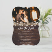 Barn Wood Burlap Lace String Lights Trouwfoto Save The Date (Staand voorkant)