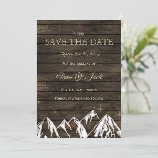 Barn wood Camping Rustic Mountains redden de datum Save The Date (Staand voorkant)