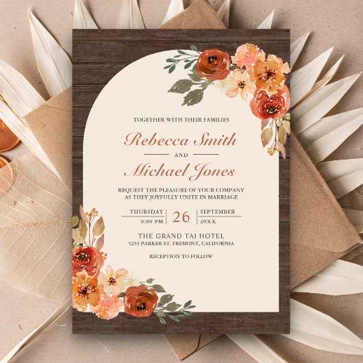 Barn Wood Earthy Burnt Oranje Floral Arch Wedding Kaart