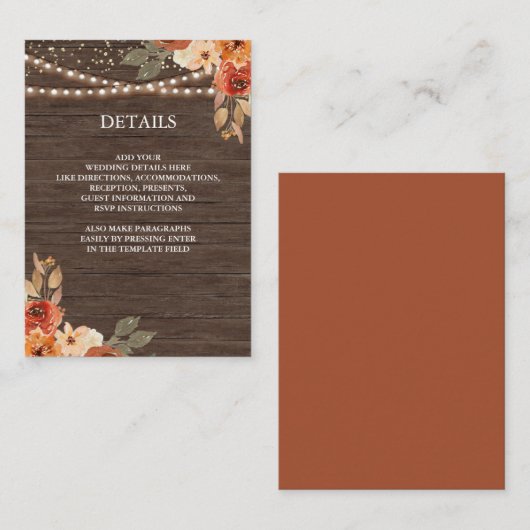 Barn Wood Earthy Floral Terracotta Wedding Details Informatiekaartje (Voorkant / Achterkant)