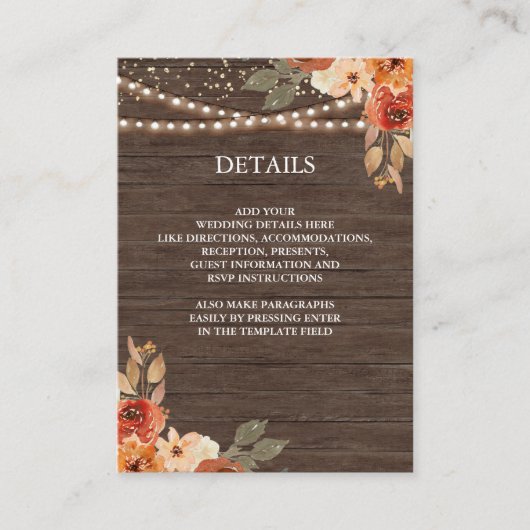 Barn Wood Earthy Floral Terracotta Wedding Details Informatiekaartje (Voorkant)