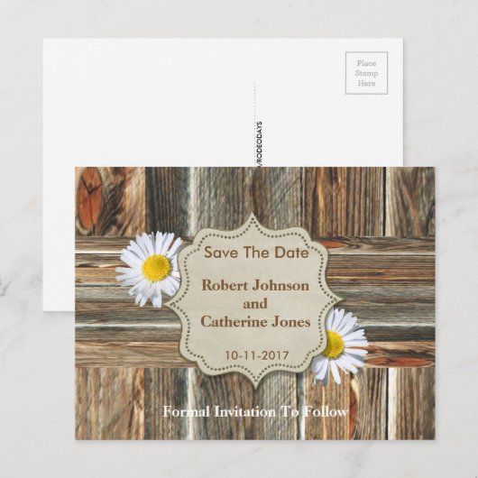Barn Wood en Daisy Save the Date Aankondigingskaart (Voorkant / Achterkant)
