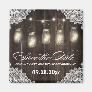 Barn Wood en Lace Mason Jar Wedding Save the Date Magneet