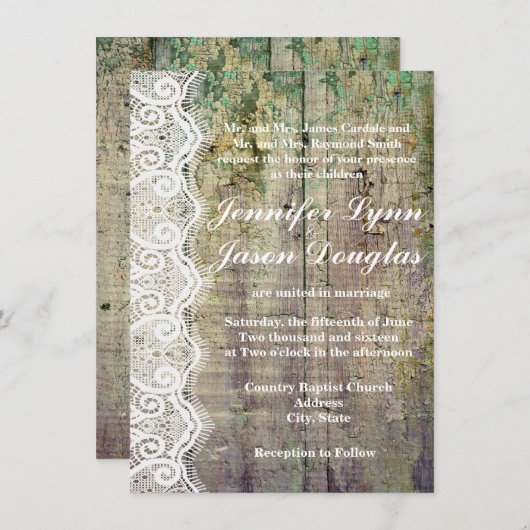 Barn Wood en Lace Rustic Wedding Invitations Kaart (Voorkant / Achterkant)