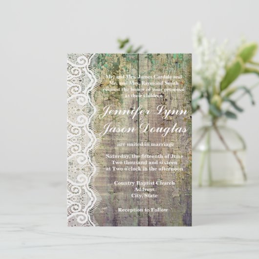 Barn Wood en Lace Rustic Wedding Invitations Kaart (Staand voorkant)
