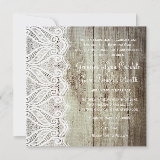 Barn Wood en Lace Square Wedding Invitations Kaart (Voorkant)