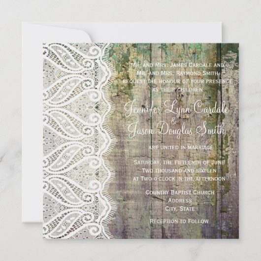 Barn Wood en Lace Square Wedding Invitations Kaart (Voorkant)