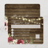 Barn Wood en String Lights Burgundy Floral RSVP I Kaart (Voorkant / Achterkant)