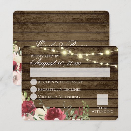 Barn Wood en String Lights Burgundy Floral RSVP I Kaart (Voorkant / Achterkant)