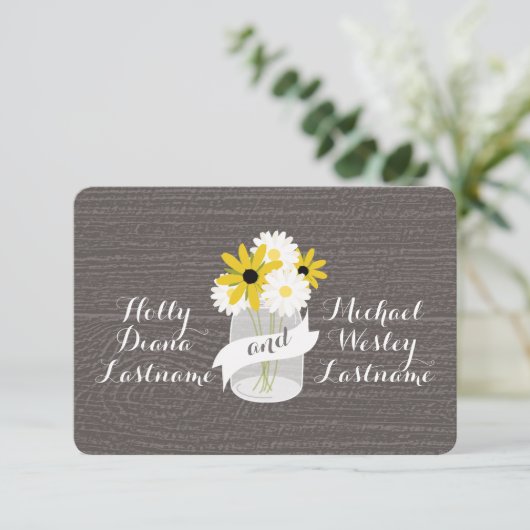 Barn Wood Geïnspireerd Mason Jar + Wildbloemen RSV RSVP Kaartje (Staand voorkant)