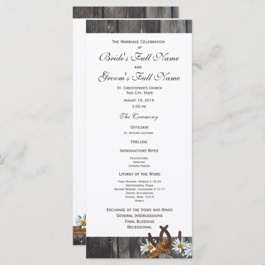 Barn Wood Hoefijzers en Daisy Wedding Programma Programmakaart (Voorkant / Achterkant)