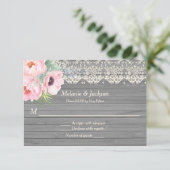 Barn Wood Kant Pioenrozen Anemonen Trouw RSVP Kaart (Staand voorkant)