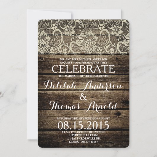Barn Wood Lace Rustic Wedding Invitation Kaart (Voorkant)