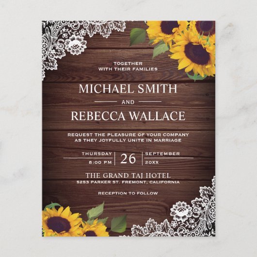 Barn Wood Lace Sunflower Budget Weduwuitnodiging (Voorkant)