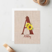 Barn Wood Letter A & Sunflower Notitiekaartje (Voorkant / Achterkant in situ)