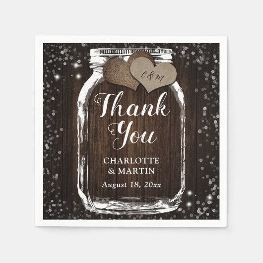 Barn Wood Mason Jar Two Hearts Dank u bruiloft Servet (Voorkant)