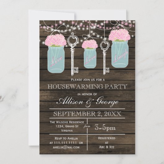 Barn wood mason jars keys rustige huisverwarming kaart (Voorkant)