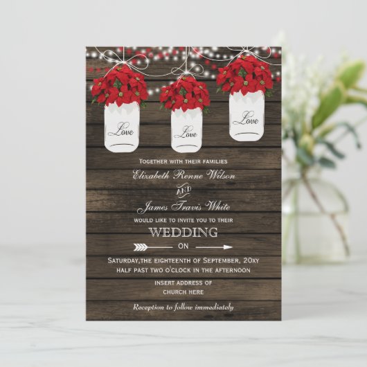 Barn wood poinsettias mason jar rustitbruiloft kaart (Staand voorkant)
