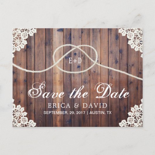 Barn Wood Rope Heart Knot Save the Date Aankondigingskaart (Voorkant)