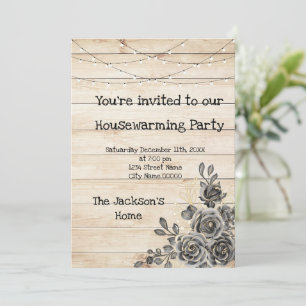 Barn Wood Rustic Black Rozen Housewarming Party Kaart