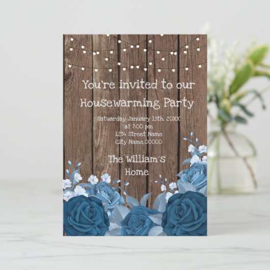 Barn Wood Rustic Blue Bouquet Housewarming Party Kaart (Staand voorkant)