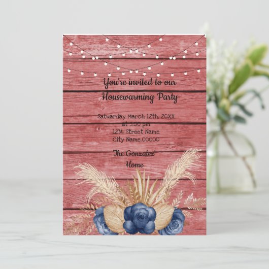 Barn Wood Rustic Dusty Flowers Housewarming Party Kaart (Staand voorkant)