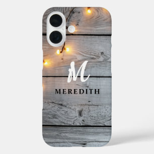 Barn Wood Rustic Elegance String Lights Monogram iPhone 16 Hoesje