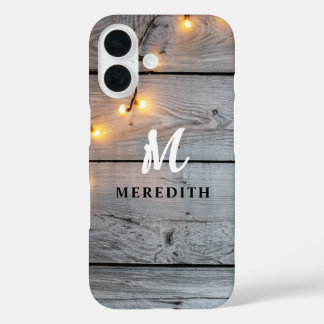 Barn Wood Rustic Elegance String Lights Monogram iPhone 16 Hoesje