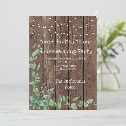 Barn Wood Rustic Eucalyptus Housewarming Party Kaart (Staand voorkant)