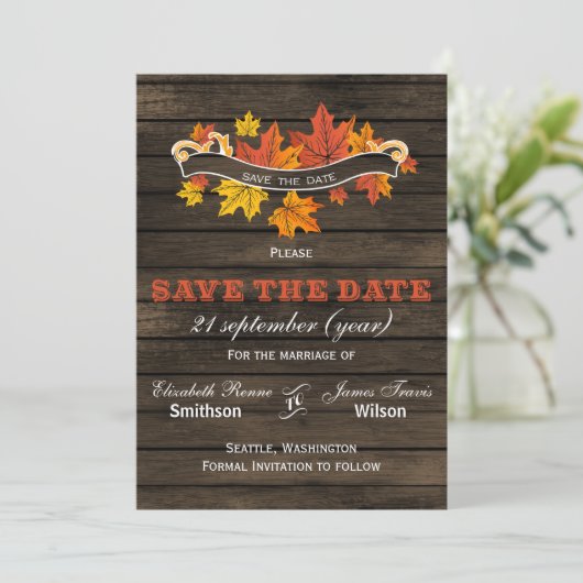 Barn wood Rustic Fall bruiloft, behalve de datum Save The Date (Staand voorkant)