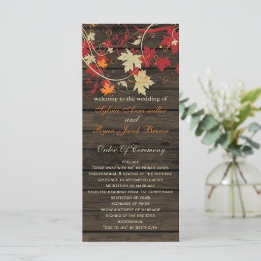 Barn Wood Rustic Fall Leaves Wedding Programs Programmakaart (Staand voorkant)