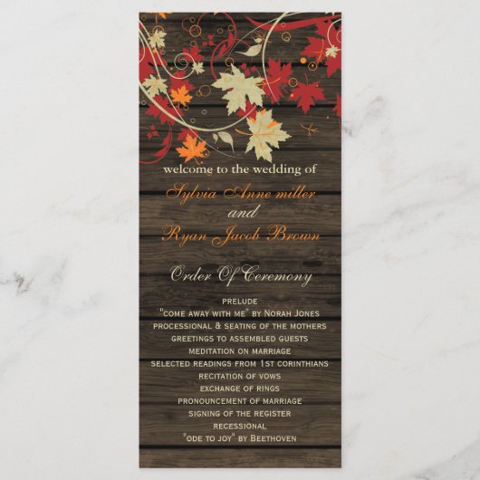 Barn Wood Rustic Fall Leaves Wedding Programs Programmakaart (Voorkant)
