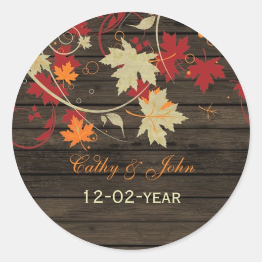 Barn Wood Rustic Fall Leaves Wedding Ronde Sticker (Voorkant)