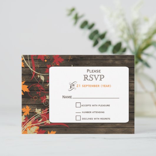 Barn Wood Rustic Fall Leaves Wedding rsvp (Staand voorkant)