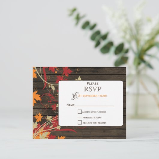 Barn Wood Rustic Fall Leaves Wedding rsvp (Staand voorkant)