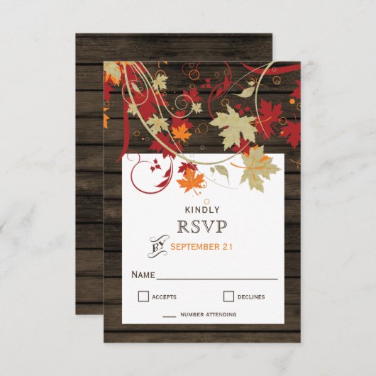 Barn Wood Rustic Fall Leaves Wedding RSVP Kaartje (Voorkant / Achterkant)