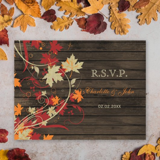 Barn Wood Rustic Fall Leaves Wedding rsvp Uitnodiging Briefkaart