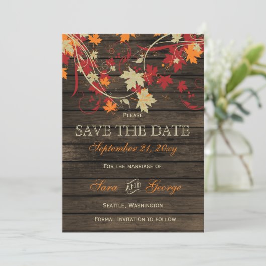 Barn Wood Rustic Fall Leaves Wedding save the date (Staand voorkant)