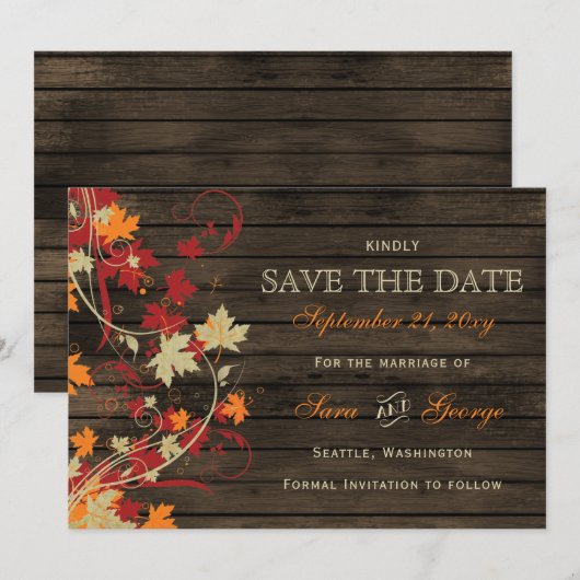 Barn Wood Rustic Fall Leaves Wedding save the date (Voorkant / Achterkant)