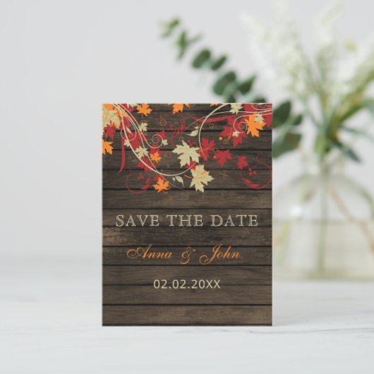 Barn Wood Rustic Fall Leaves Wedding save the date Aankondigingskaart (Staand voorkant)
