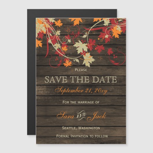 Barn Wood Rustic Fall Leaves Wedding save the date Magnetische Uitnodiging (Voorkant / Achterkant)