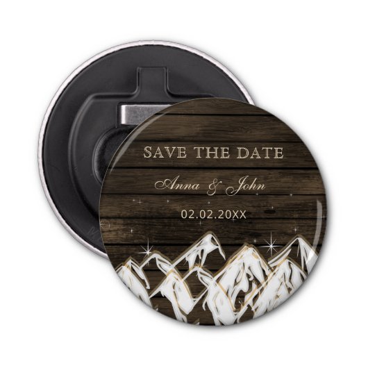 Barn wood Rustic Mountains Save the Date Button Flesopener (Voorkant)