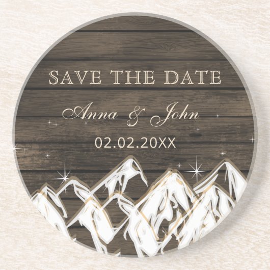 Barn wood Rustic Mountains Save the Date Zandsteen Onderzetter (Voorkant)